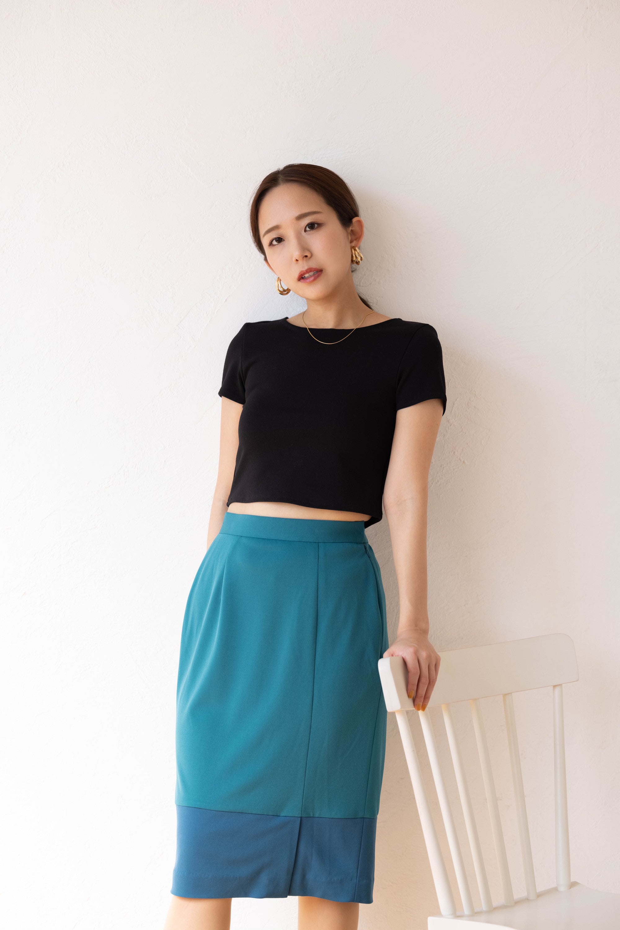 <transcy>stretch smooth knit skirt -emerald-</transcy>