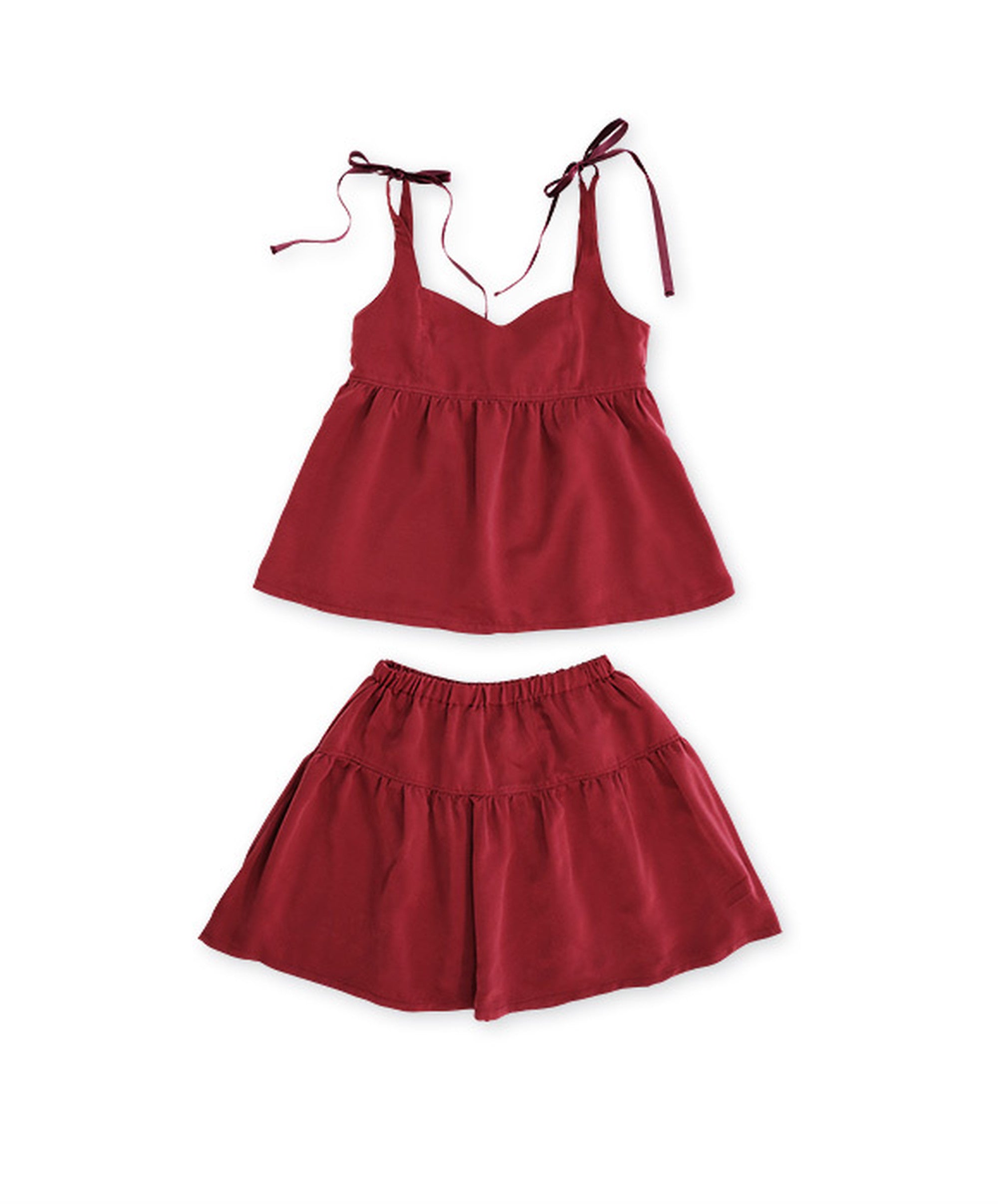 <transcy>camisole ribbon tops / mini skirt</transcy>
